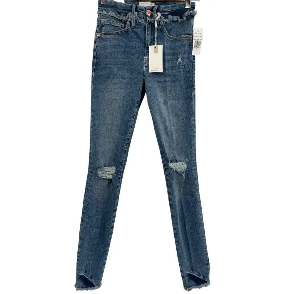 Good American Good Legs Under Fray Waistband High Rise Skinny Jeans Size 00 - Picture 4 of 13